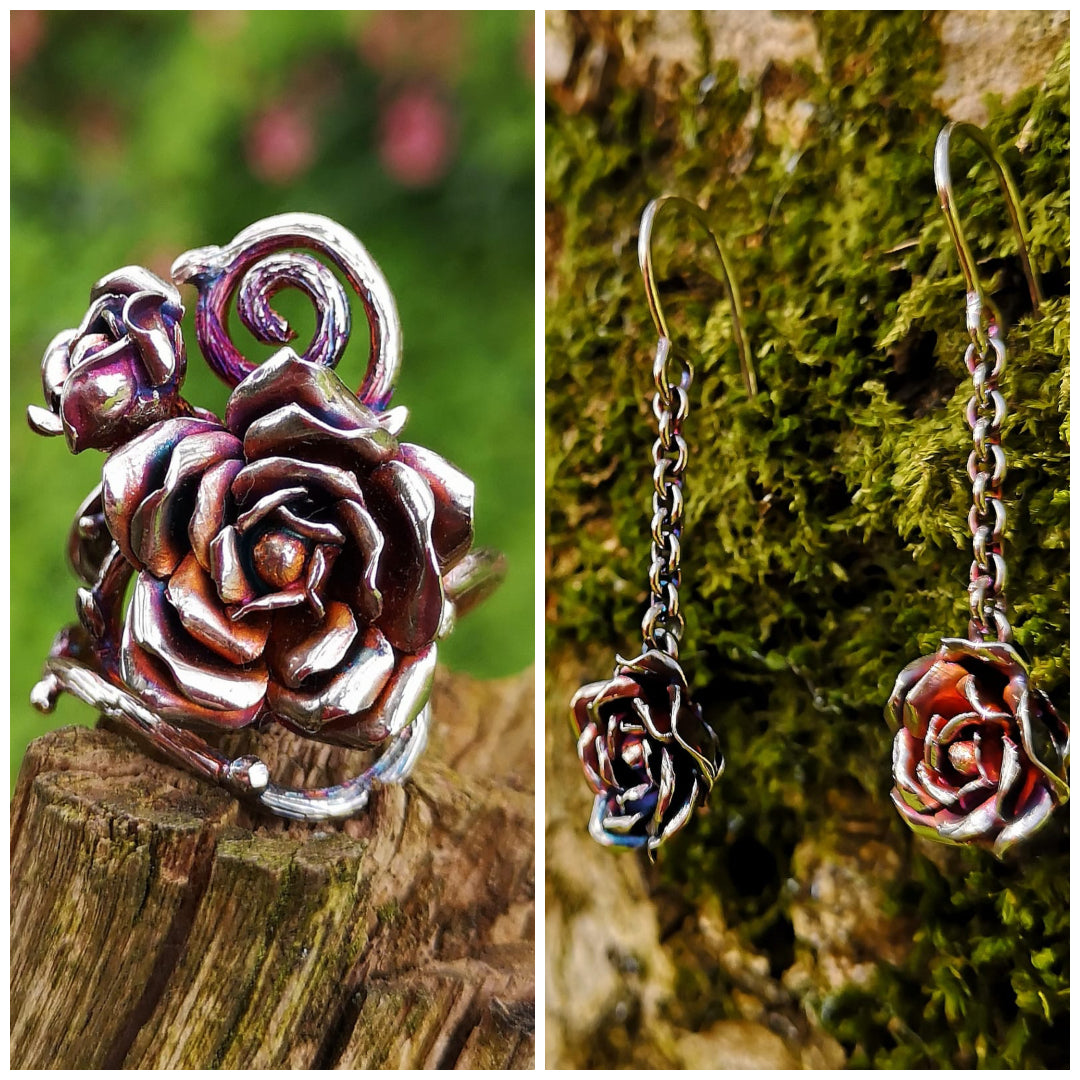 Matching Bespoke patinaed Rose Flower Ring and Earrings.