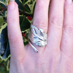 Sterling silver angel feather ring, filled with love and protects the wearer. Part of Elena Brennan's My Angel jewelry collection. Celtic inspired angel jewelry designed and handcrafted in Co. Cavan, Ireland.
