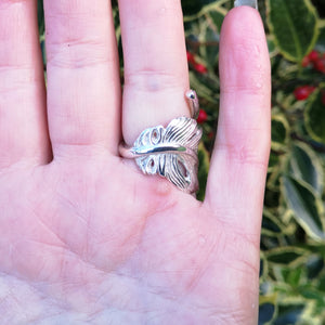 Sterling silver angel feather ring, filled with love and protects the wearer. Part of Elena Brennan's My Angel jewelry collection. Celtic inspired angel jewelry designed and handcrafted in Co. Cavan, Ireland.