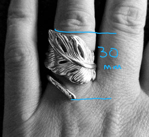 Sterling silver angel feather ring, filled with love and protects the wearer. Part of Elena Brennan's My Angel jewelry collection. Celtic inspired angel jewelry designed and handcrafted in Co. Cavan, Ireland. Shows 30 mm length