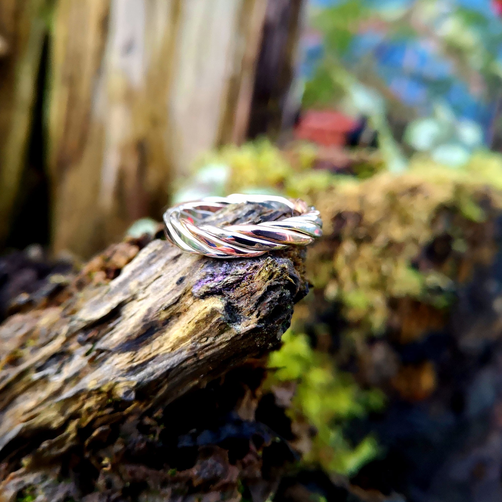 Close-up of the Rose and White Gold Twisted Wire Wedding Ring, made in Ireland by Elena Brennan. This Irish wedding ring is perched on tree bark.