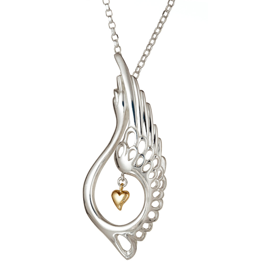 Children of Lir Elegant Swan Pendant Sterling Silver with 9ct Gold Heart and chain. This swan pendant is inspired by Irish mythology.