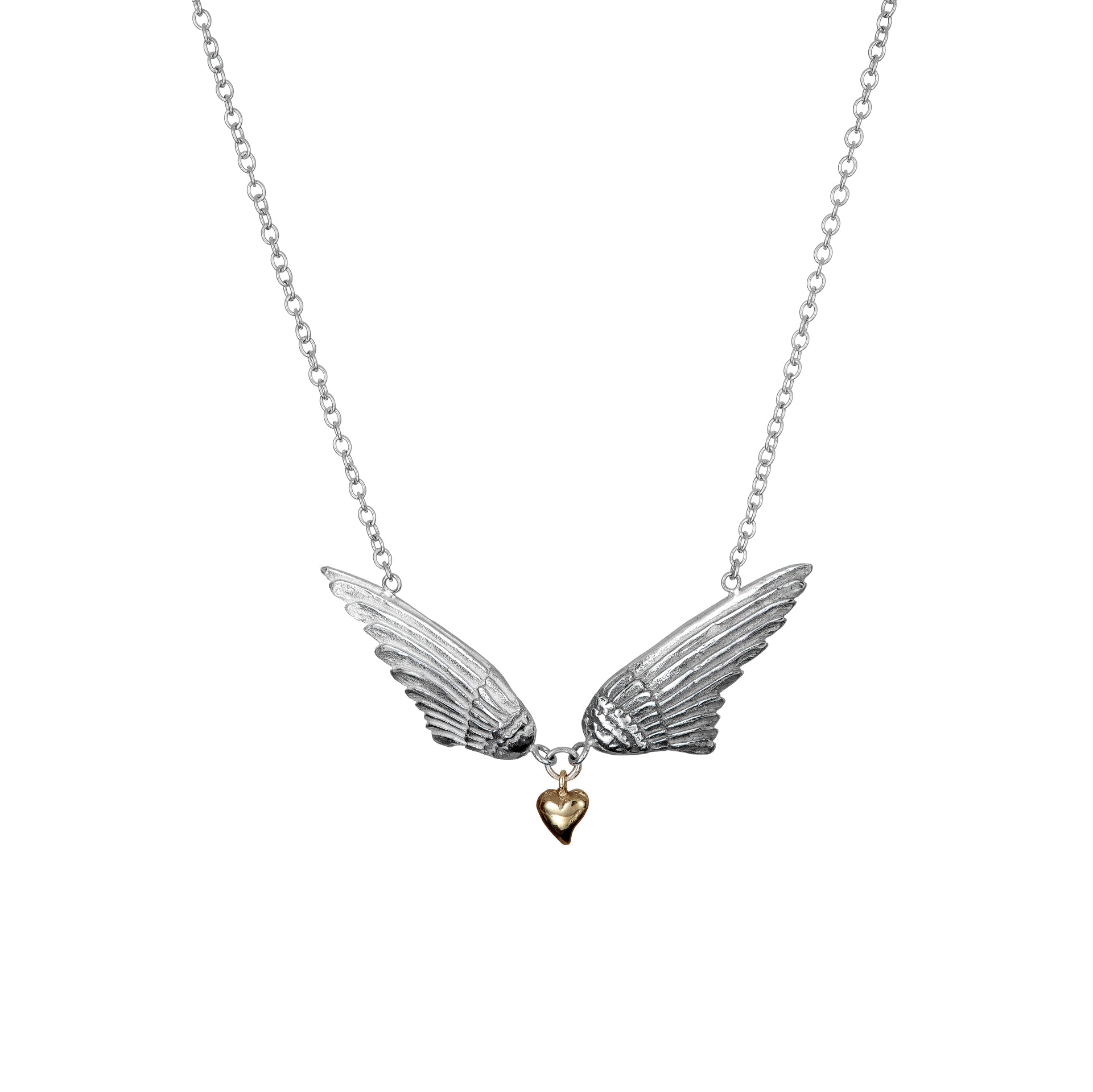 Angel Wings Pendant on a silver chain with a gold heart in the middle