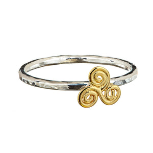 Gold Tri-Spiral Stacking ring, sterling silver with gold triskelion. Can be combined with any other stacking rings