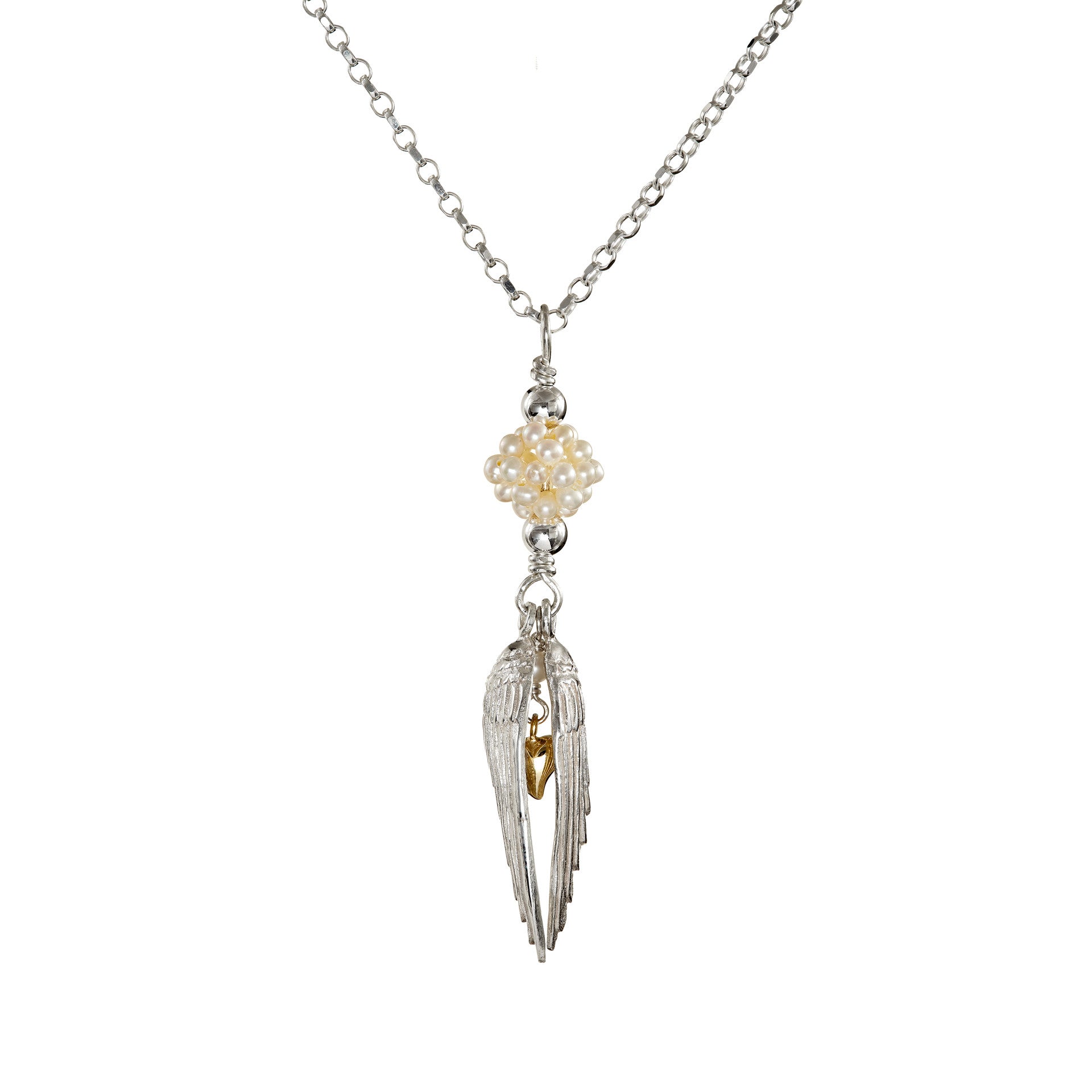 Sterling silver Angel Protection Pendant with a gold heart and gemstone beading, this special piece of jewelry makes the perfect gift! Part of Elena Brennan's Angel Jewelry collection.