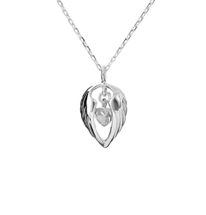 Sterling silver Angel Hug Pendant with angel wings embracing a silver heart detailing in the centre. This angel hug necklace is part of Elena Brennan's Angel jewelry collection, 'My Angel'.