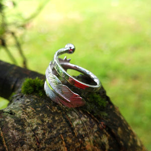 Detailing of the Earth Angel Feather Ring handcrafted by Irish Jewellery Designer Elena Brennan, photographed in a nature setting