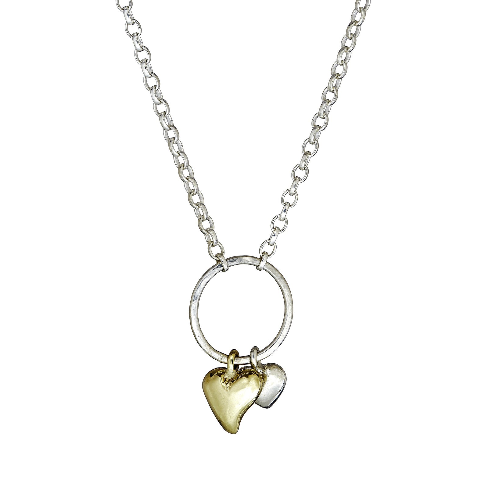 Love eternal pendant with gold and silver hearts, the perfect wedding anniversary gift.