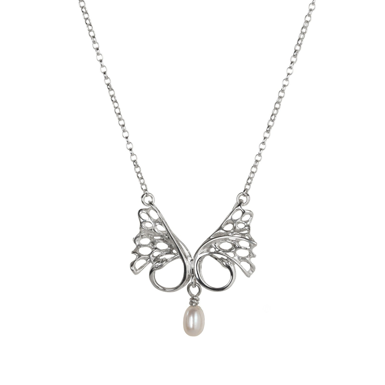 Double Swan Pendant made of sterling silver and pearl drop, handmade by Irish jewellery designer Elena Brennan