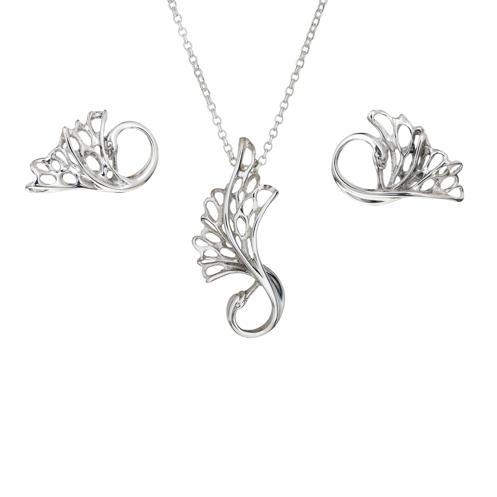 Delicate silver Children of Lir Swan jewellery set, handmade in Cavan, Ireland.