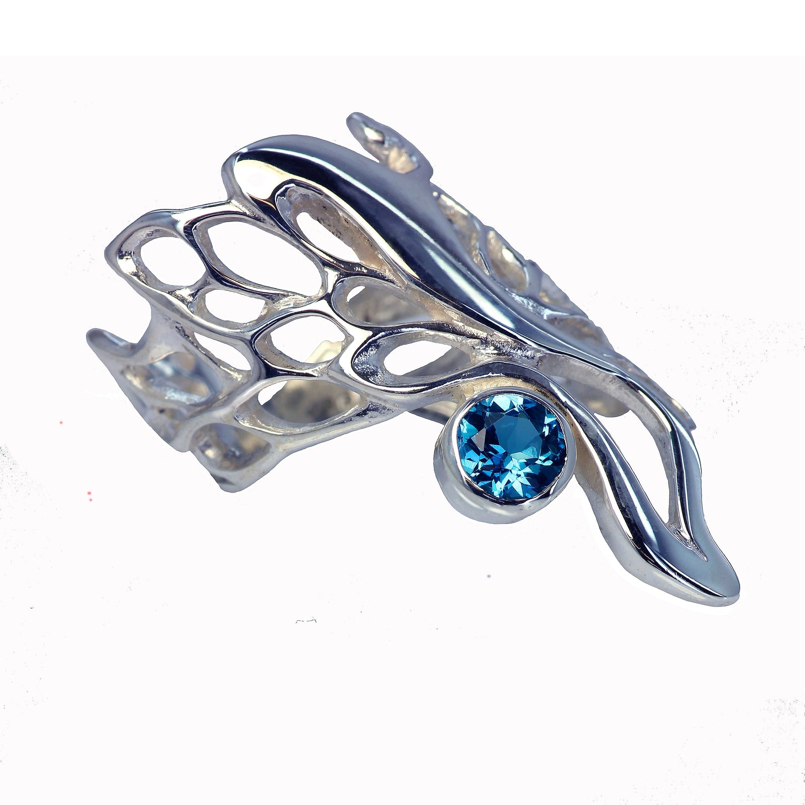 Sterling silver gossamer ring with blue topaz set into it, made in Cavan, Ireland.