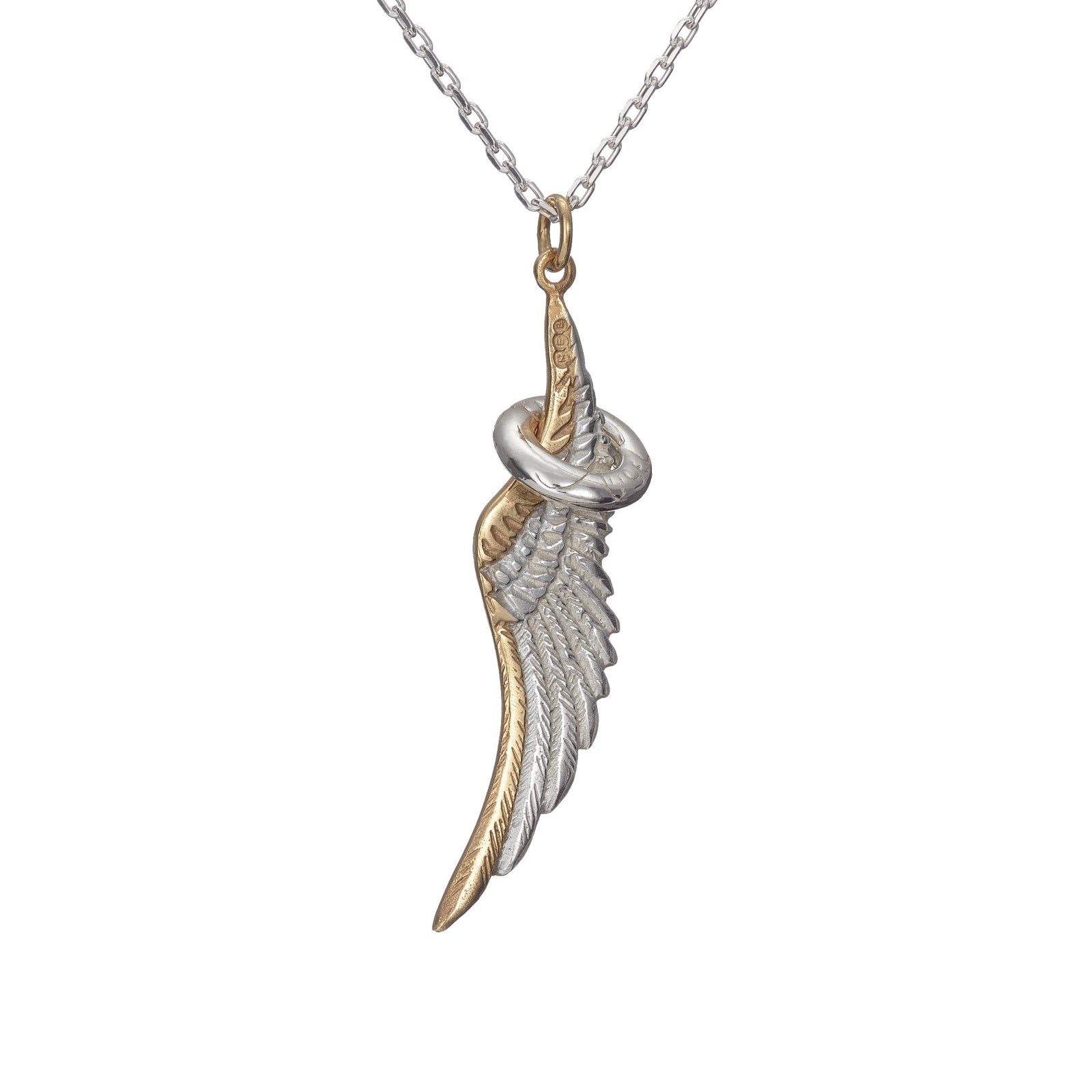 Guardian angel wing pendant with angel halo charm, sterling silver handcrafted in Cavan by Elena Brennan Jewellery. Part of the My Angel jewelry collection