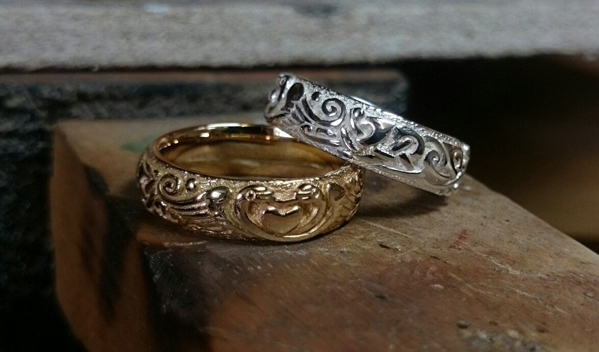 Celtic Claddagh Wedding Rings in gold and silver, handmade by jewellery designer Elena Brennan in Cavan, Ireland.