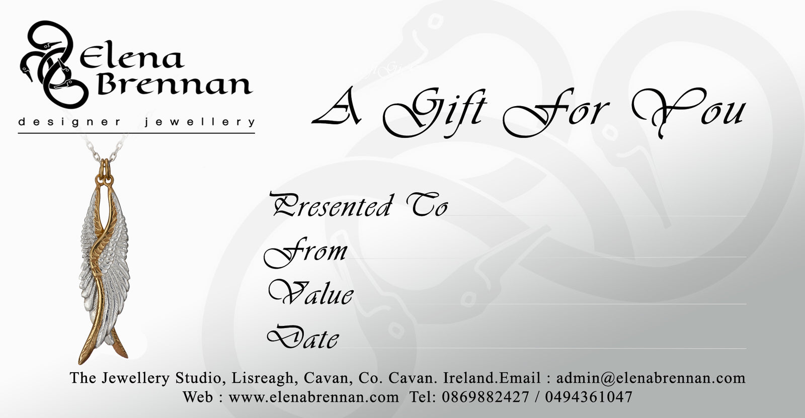 Gift voucher for Elena Brennan Jewellery, who creates beautiful handmade jewellery pieces in Cavan, Ireland.