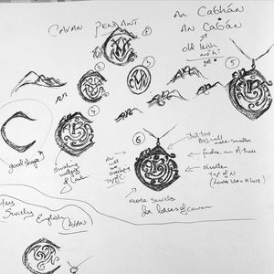 Sketches of the Cavan Brooch, a Celtic brooch inspired by the landscape of County Cavan, Ireland.
