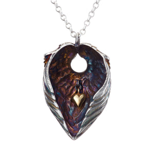 Sterling Silver oxidised Angel Wings Pendant with a moving gold heart on the inside, a special gift for a loved one!