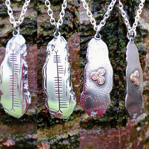 Bespoke handmade pendants with Celtic Ogham writing by Irish jewellery designer Elena Brennan