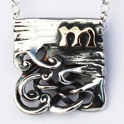 Bog Book Large Page Pendant with 14ct Gold Letter M detailing.