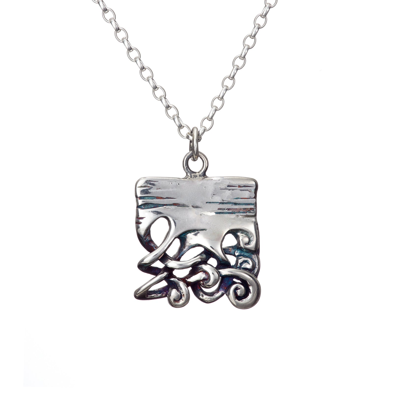 Front detail of the Bog Book Small Page Pendant handmade from sterling silver.