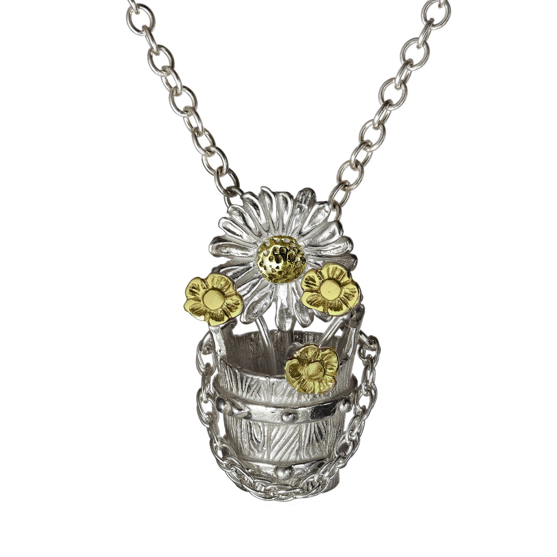 Bucket full of flowers silver and gold pendant, a daisy jewellery piece made in Ireland.