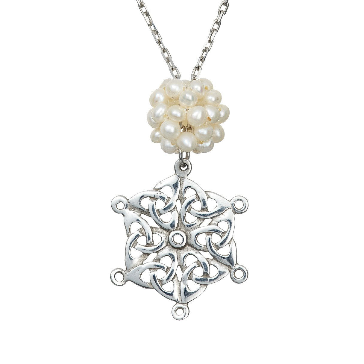 Sterling silver Celtic Snowflake Pendant, complete with a Freshwater Pearl Snowball, handmade by Irish jewellery designer Elena Brennan in Cavan, Ireland.