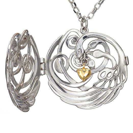 Sterling silver swan locket with four swan design and a 14ct gold heart, from the Children of Lir jewellery collection.