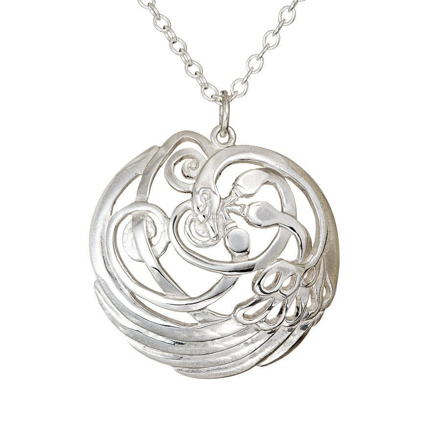Sliver Celtic Swan Pendant from the Children of Lir jewellery collection, featuring four swans, handmade by Irish jewellery designer Elena Brennan