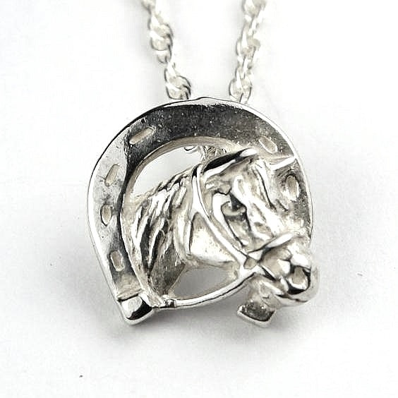 Horse head and horse shoe pendant, equestrian jewelry handmade in Ireland by Elena Brennan