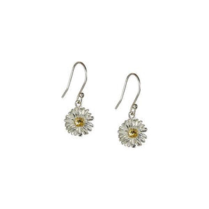 Daisy drop earrings made of sterling silver and gold.