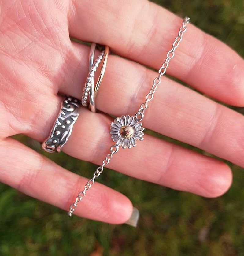 Sterling silver Daisy Simple Bracelet, part of the Oops a Daisy jewellery collection handmade in Cavan, Ireland.