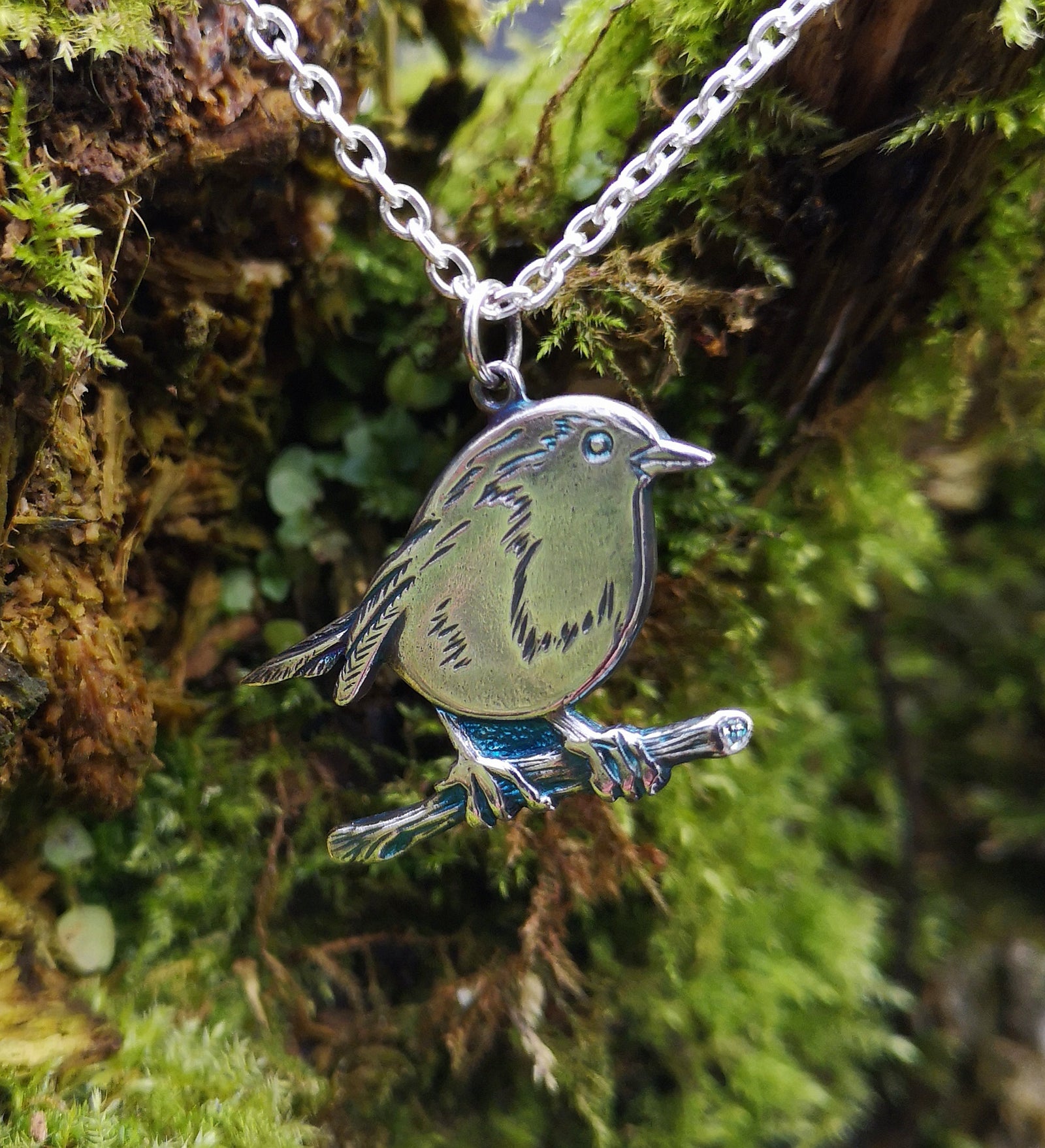 Sterling silver Robin Red Breast necklace, An Spideog, handmade by Irish jewellery designer Elena Brennan