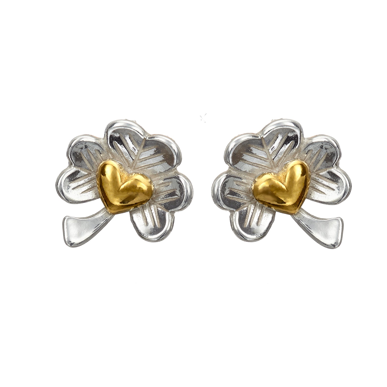 Silver shamrock stud earrings with chunky gold heart set in the centre. From the Mise Éire collection.