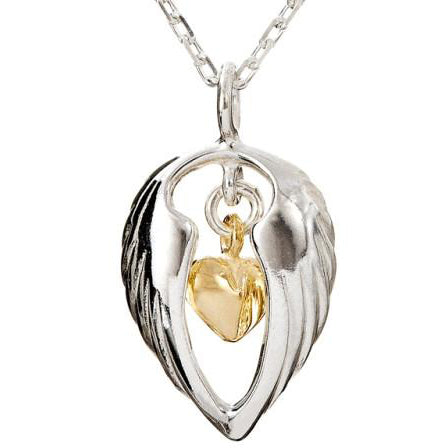 Sterling silver Angel Hug Pendant with angel wings embracing a gold heart detailing in the center. This angel hug necklace is part of Elena Brennan's Angel jewellery collection, 'My Angel'.