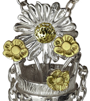 Detail of the Bucket full of flowers silver and gold pendant, a daisy jewellery piece made in Ireland.
