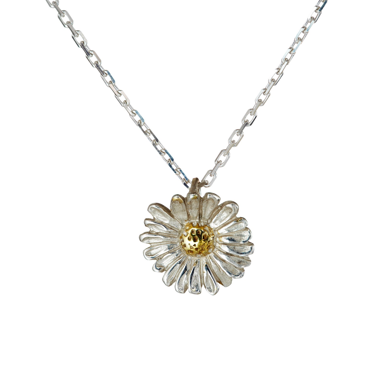 Daisy necklace handcrafted from Sterling Silver with a 14ct gold centre.