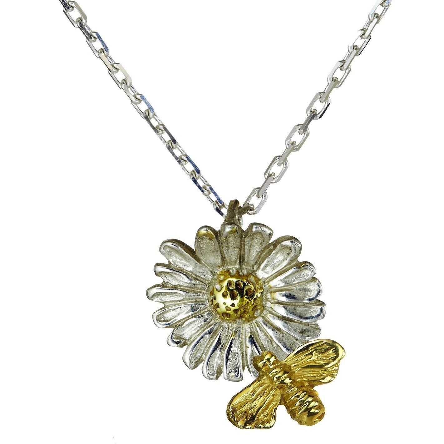 "Tell it to the Bees" Pendant with a Sterling Silver Daisy with a gold plated centre and a 9ct Gold Bee. Daisy jewellery piece handmade in Ireland.