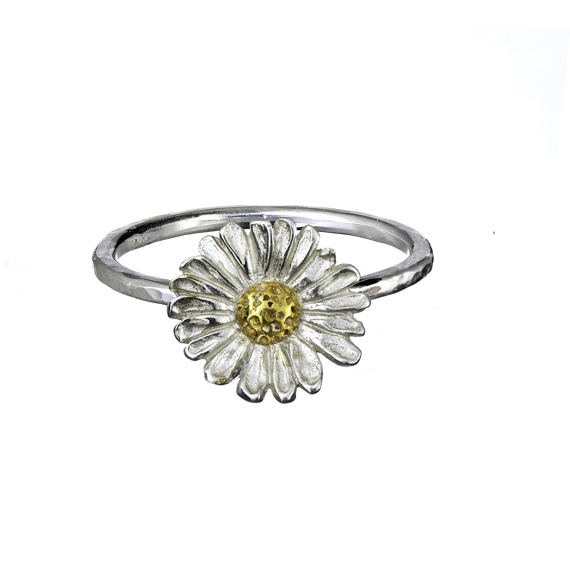 Sterling silver daisy ring with gold centre. Daisy jewellery piece handmade in Ireland.
