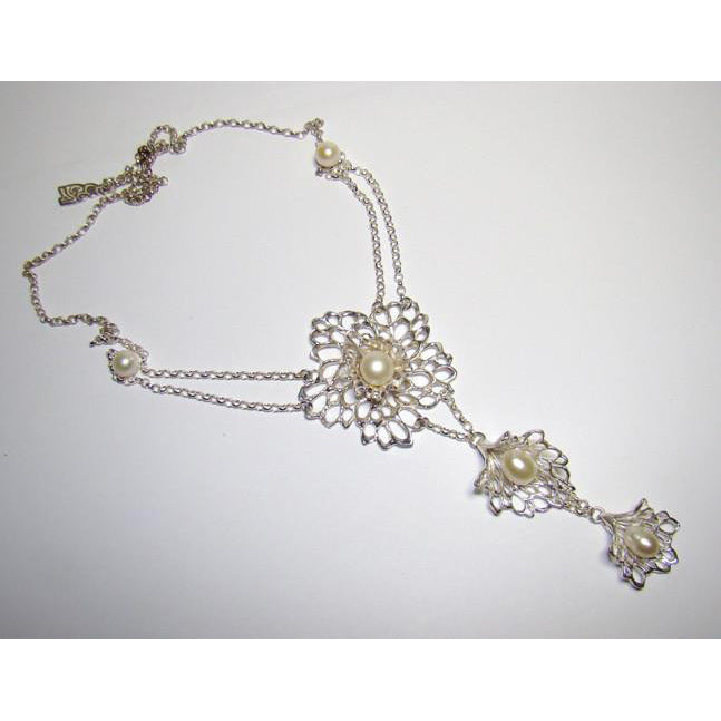 Petals & Pearls Drop Gossamer Necklace handcrafted from Sterling Silver, a gorgeous heirloom. Handmade in Ireland.