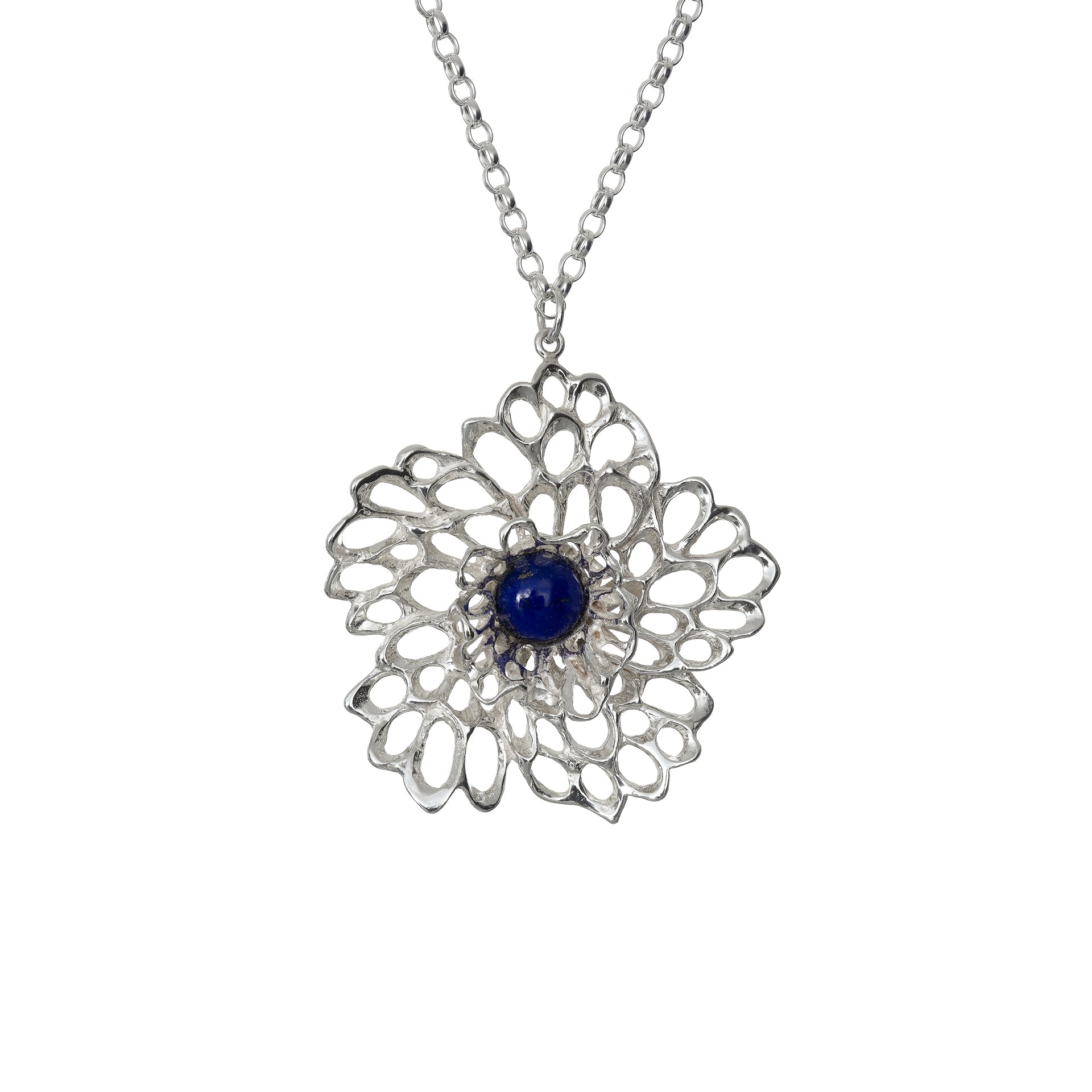 Petals & Pearls Lacy Flower Pendant, Gorgeous, elegant and simple in it's beauty. Blue stone set in the centre. Created by Elena Brennan Jewellery.