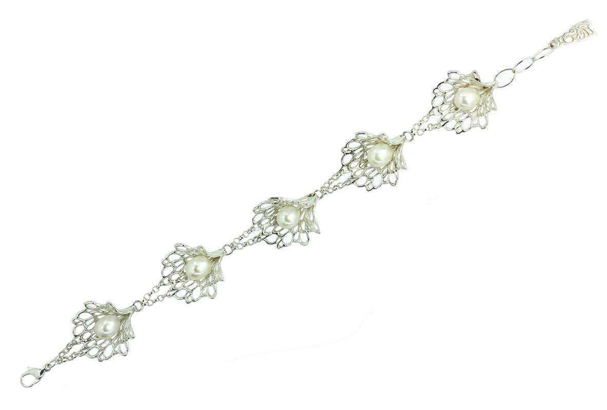 Petals & Pearls Gossamer Bracelet with a classic silver finish, handmade by Irish jewellery designer Elena Brennan in Cavan, Ireland.