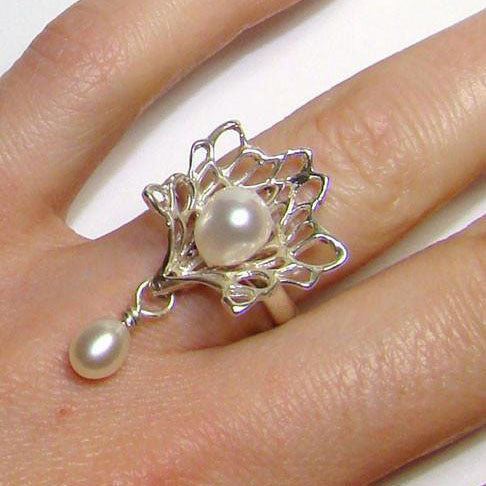 Petals and Pearls gossamer ring with drop pearl. Handamde in Cavan, Ireland.