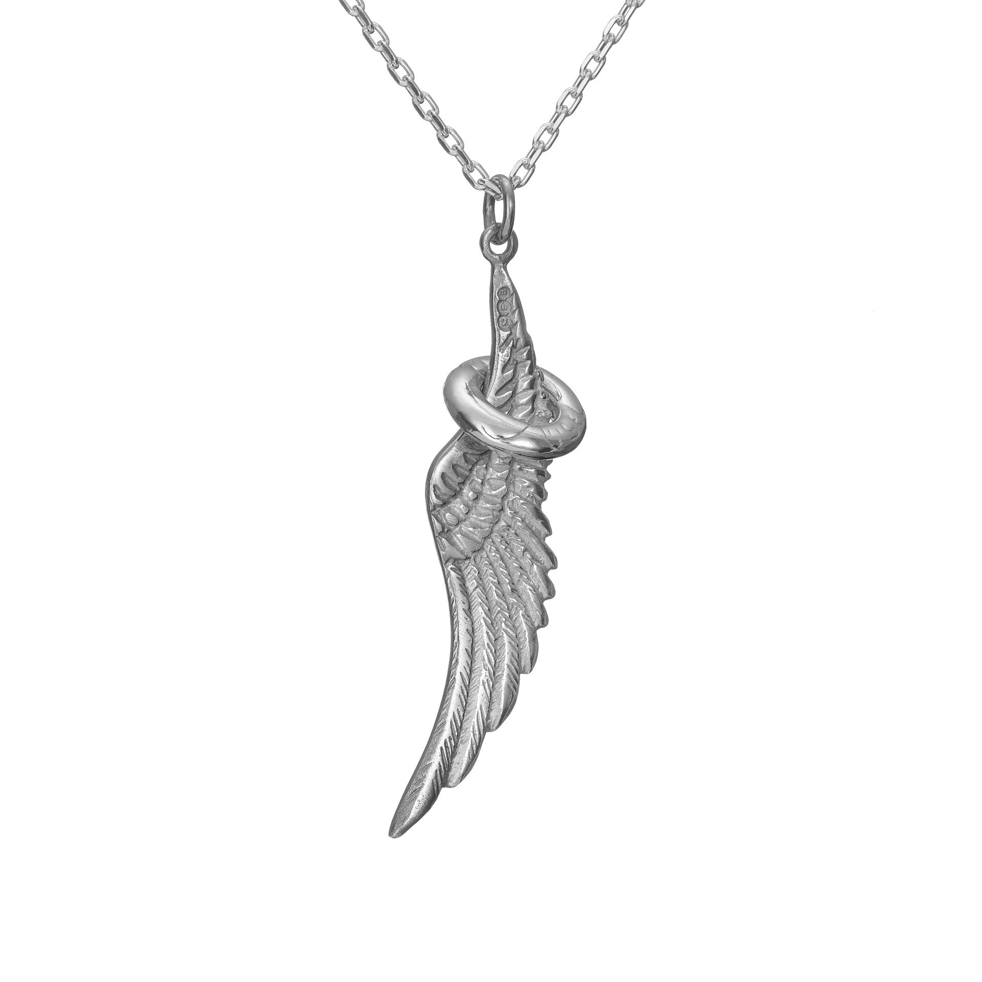 Sterling Silver Angel Wing & angel halo pendant on a silver chain, the perfect Irish jewellery gift. Part of Elena Brennan's My Angel jewellery collection.