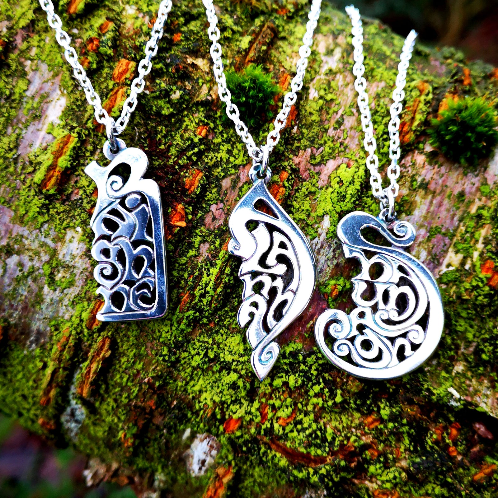 Three bespoke names pendants made of sterling silver, by Elena Brennan Jewellery