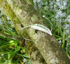 The Irish sterling silver Earth Angel Feather Bangle is wrapped around a branch. Handcrafted by Elena Brennan Jewellery. This angel bangle is part of Elena's My Angel jewellery collection.
