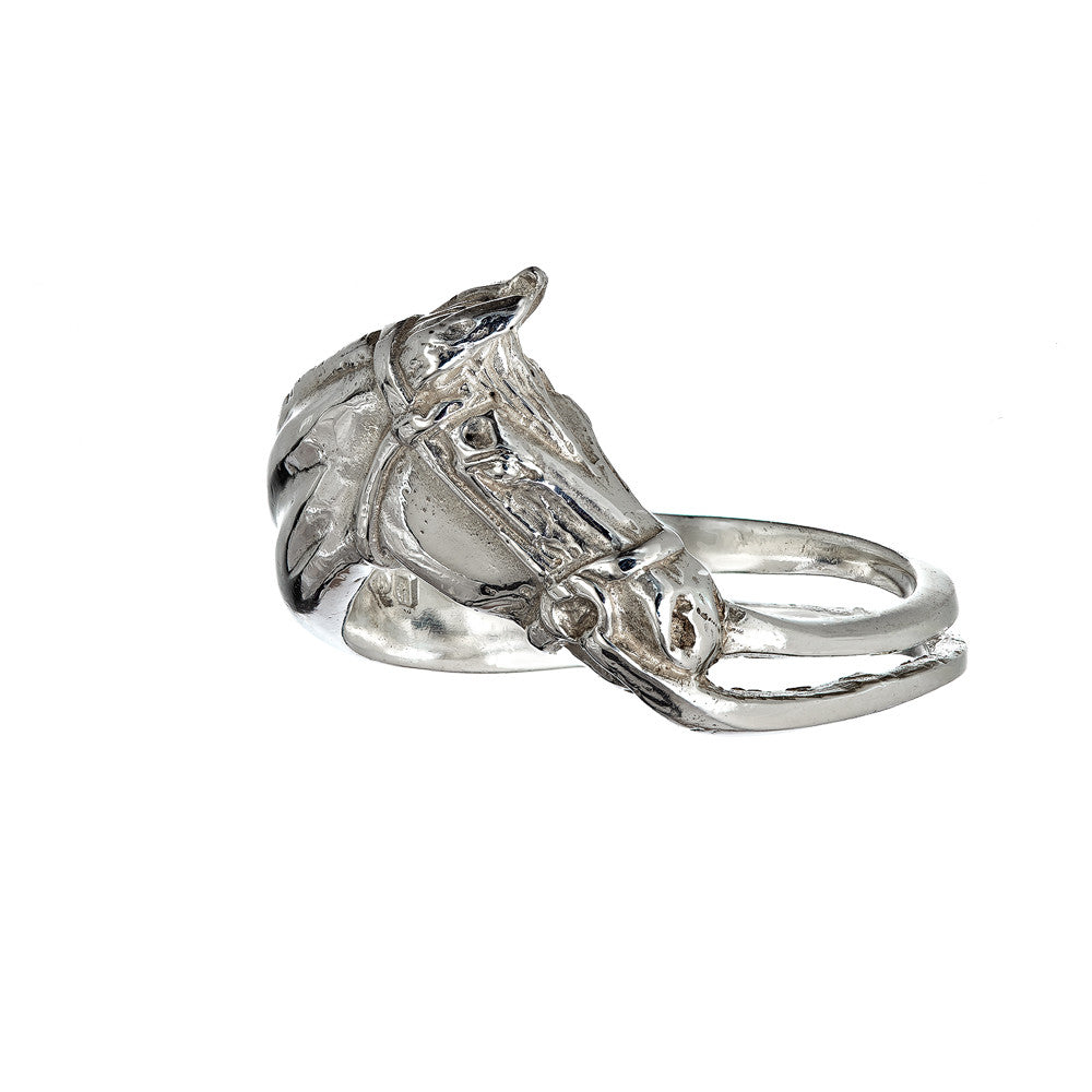 Horse Head Ring handcrafted by Elena Brennan Jewellery. Sterling silver equestrian jewellery from Ireland.