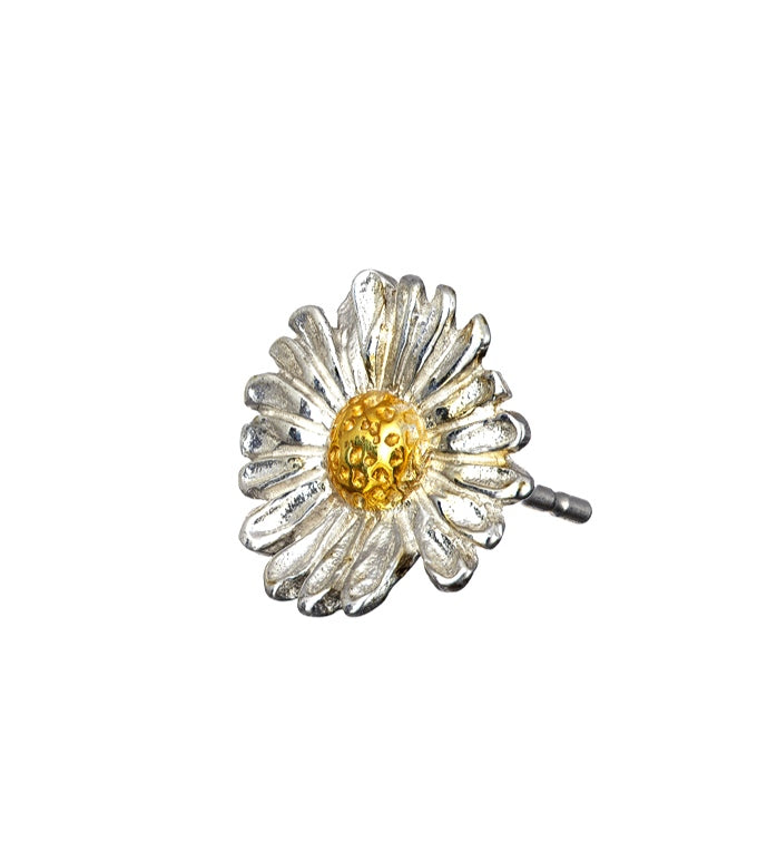 Single daisy stud earring made of gold and silver, handmade by Elena Brennan Jewellery