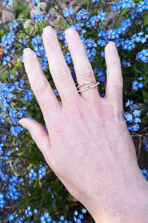 A hand showing off the Cúrsa an tSaoil Circles of Life bespoke ring, with blue flowers in the background. Handmade in Ireland.