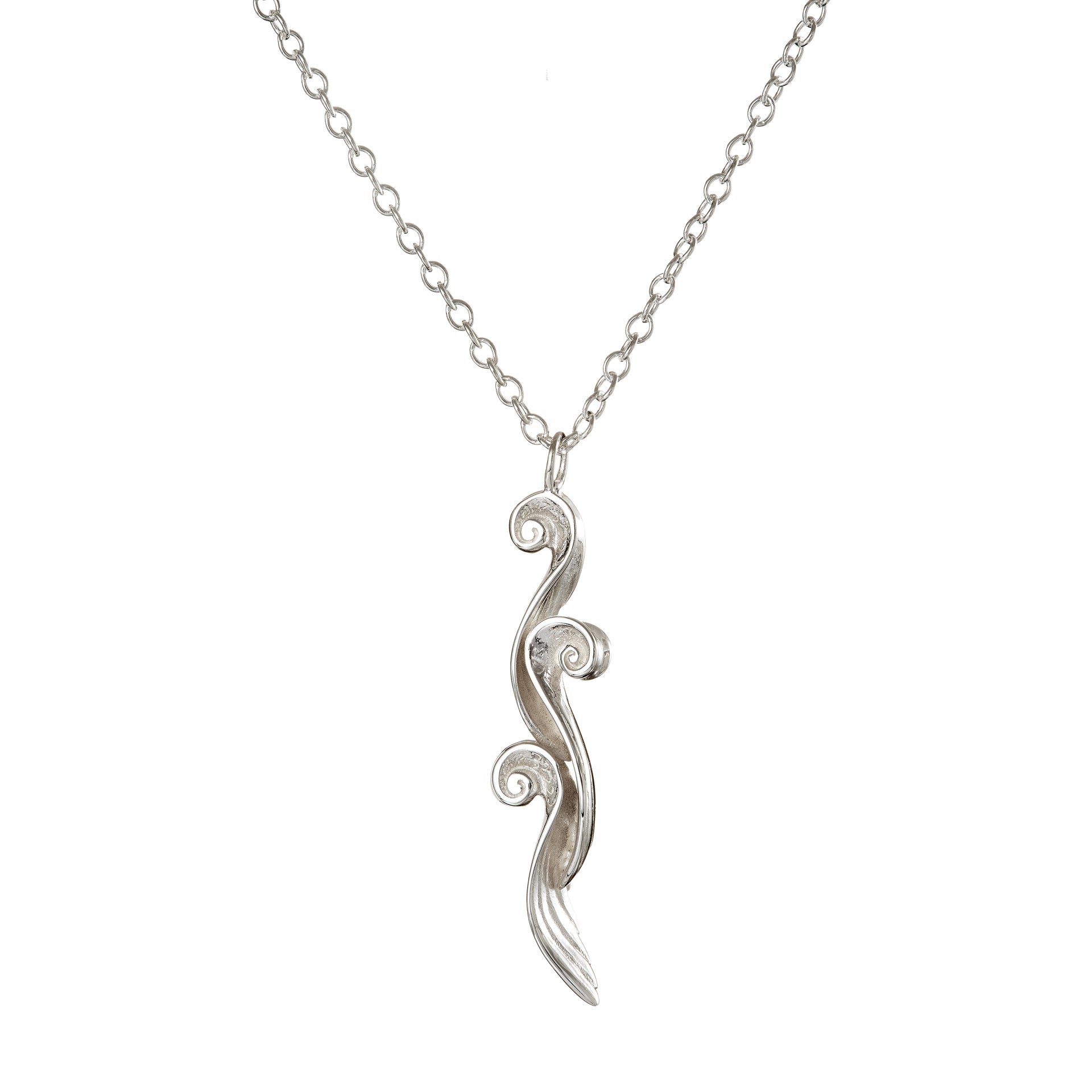 Sterling silver Three Spiral angel wings pendant, made in Ireland. Part of Elena Brennan's My Angel jewellery collection.