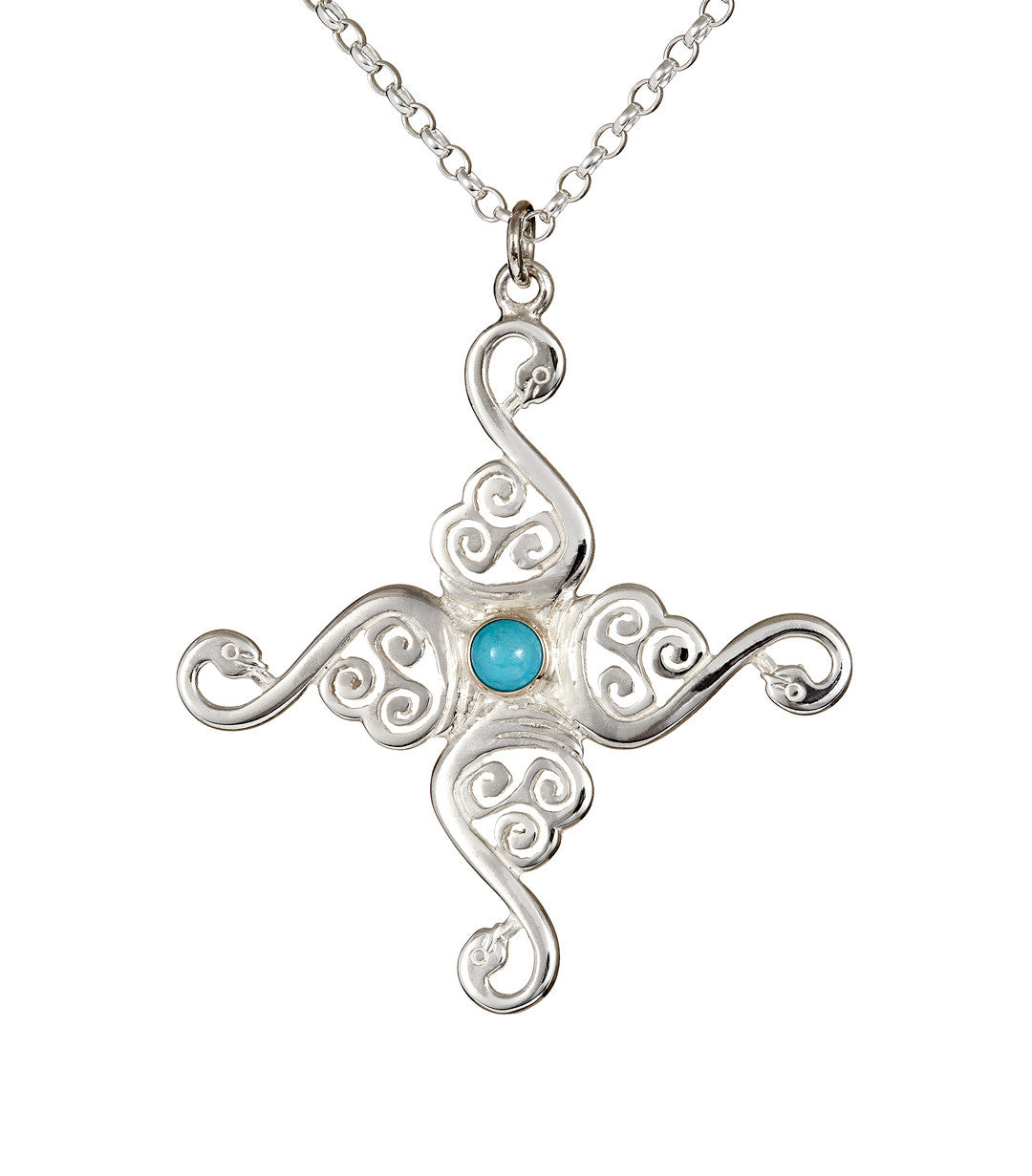 Four swan cross pendant with turquoise gemstone detail, from the Children of Lir jewellery collection.