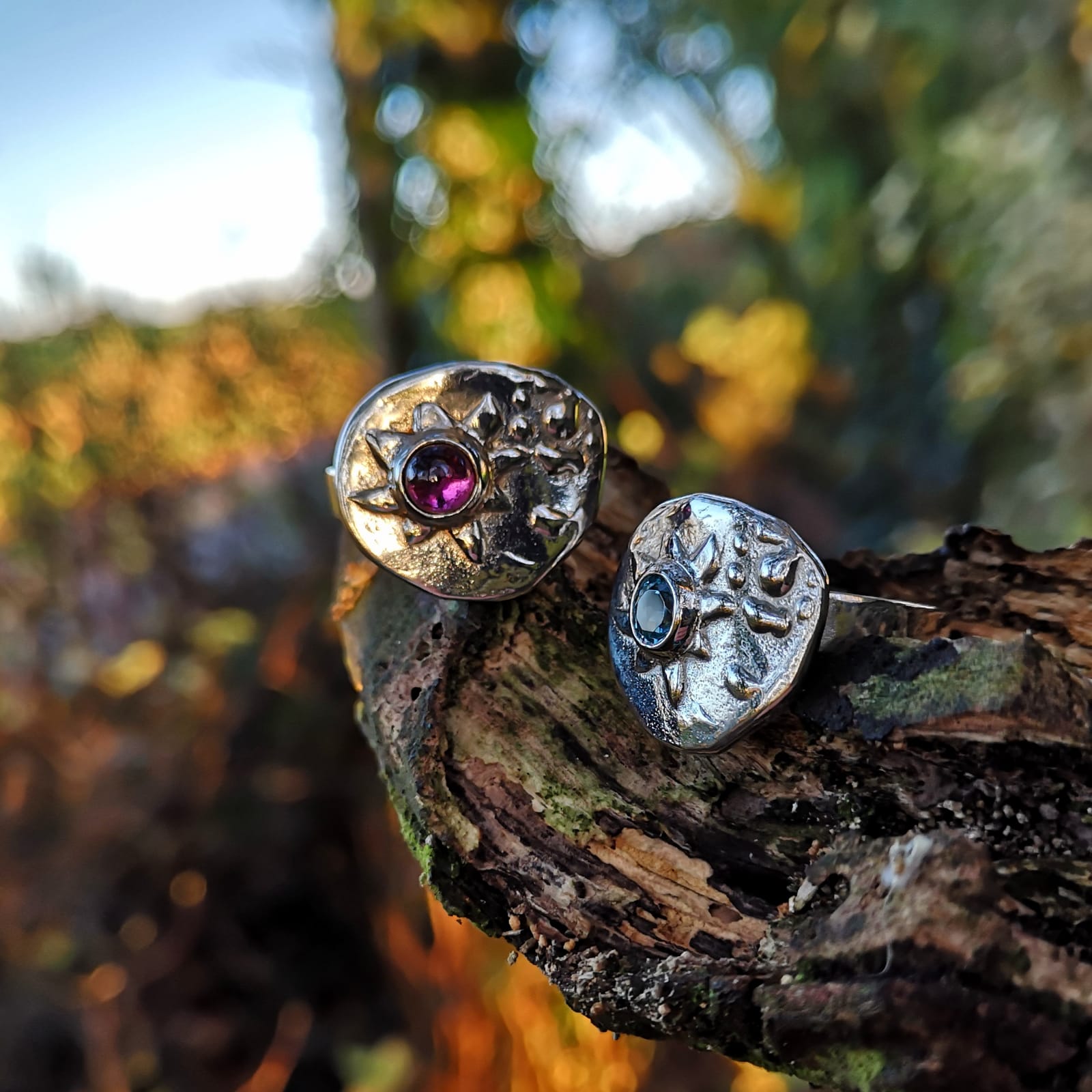 Sea themed sterling silver and gold rings set with amethyst and blue topaz.